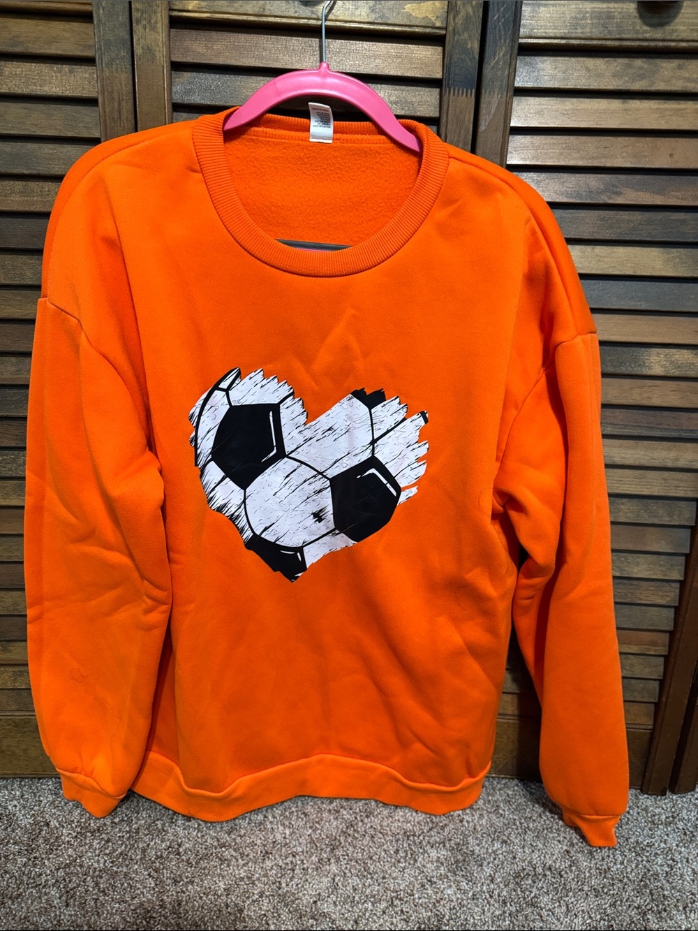 Men's Orange Pullover Sweatshirt with Soccer Heart Graphic